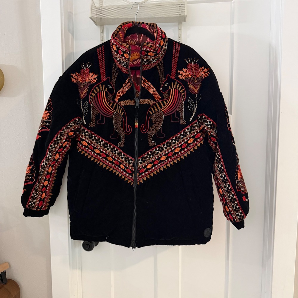 Farm Rio Nature Beauty Reversible Velvet Embroidered Puffer Jacket M Maximalist